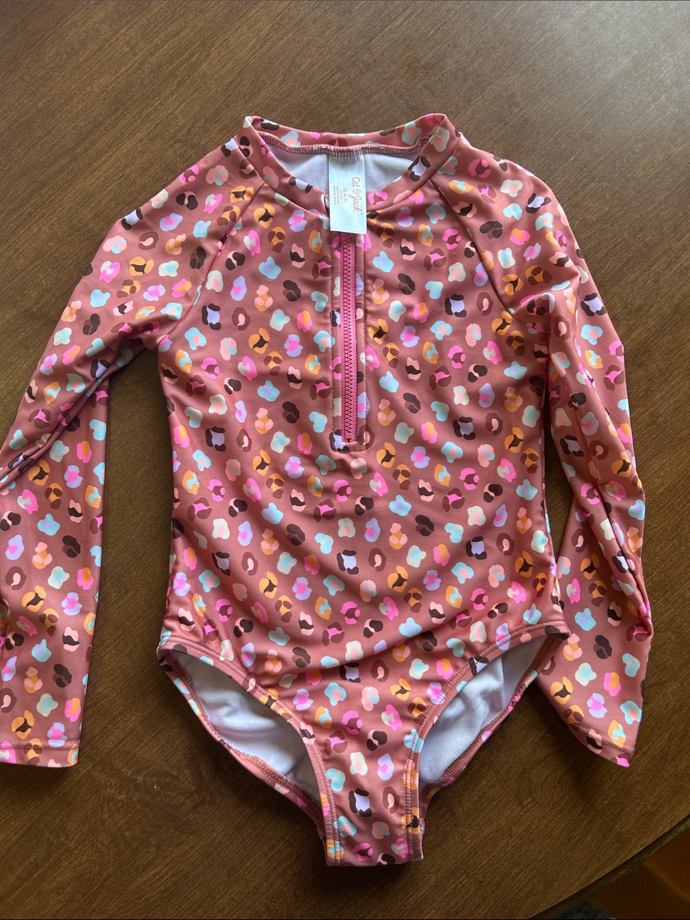 Cat & Jack Long-Sleeve One-Piece Swimsuit with Multicolor Leopard Spots size 4/5